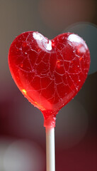 Close-up of a shiny red heart-shaped lollipop with a cracked surface, sweet treat