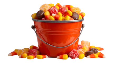 Candy corn themed bucket brimming with chocolates and taffy, isolated on white background