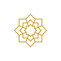 Elegant golden geometric star ornament with interlocking shapes on a white background. Symmetrical decorative design inspired by cultural and architectural patterns for classic and modern use.