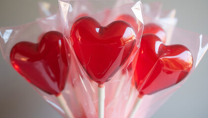 Bouquet of red heart-shaped lollipops wrapped in transparent cellophane for Valentine's Day