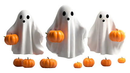 Obraz premium Ghost juggling three pumpkins in the air, isolated on white