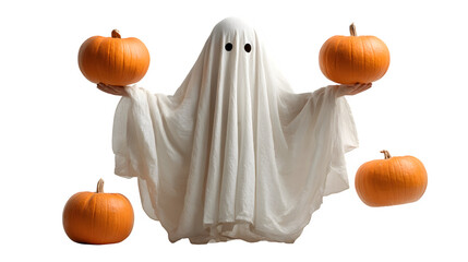 Ghost juggling three pumpkins in the air, isolated on white