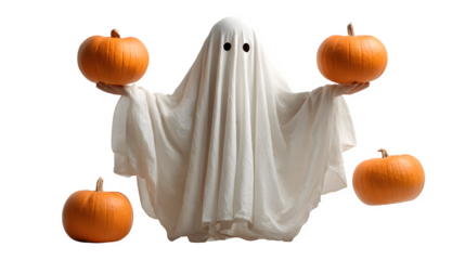Ghost juggling three pumpkins in the air, isolated on white
