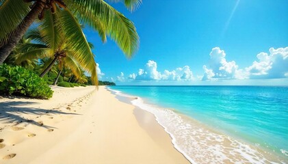 Idyllic Golden Sand Beach Crystal-Clear Ocean Meets Azure Sky - Perfect Summer Vacation Scene