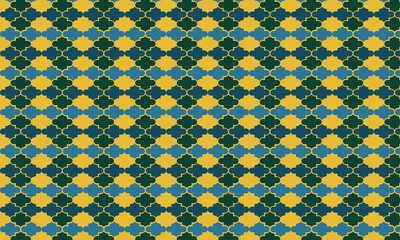 Seamless geometric pattern with repeating gold, teal, and dark green shapes in a classic ornamental style. Perfect for backgrounds, textiles, cultural designs, and elegant decorative projects.