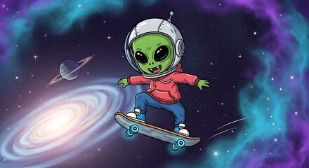 Naklejka premium Alien Skateboarder in Space Cartoon Illustration.