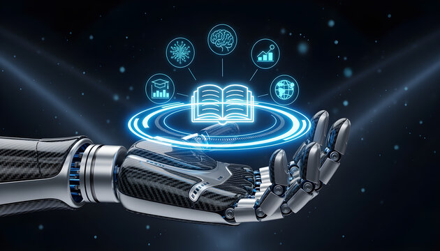 Automated android fingers with lightweight reinforced panels showcasing electric blue hologram display with study materials and instructional symbols for workforce development concept - Powered by Adobe