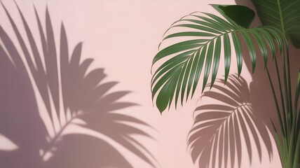 Palm Leaves and Shadows on Pink Wall tropical plant.