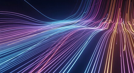 Abstract futuristic technology background with a dynamic flow of glowing neon data streams and vibrant light trails moving in a wave-like formation