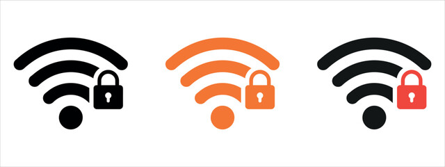 Minimal wifi security icon set in black stroke style. Perfect vector illustration for network protection, wireless connection, cybersecurity, and web interface designs.