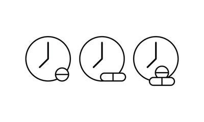 Minimal line illustration showing clocks with pills, symbolizing medication schedule, health reminder, and medical timing concept. Clean modern icon for healthcare, pharmacy, or treatment visuals.