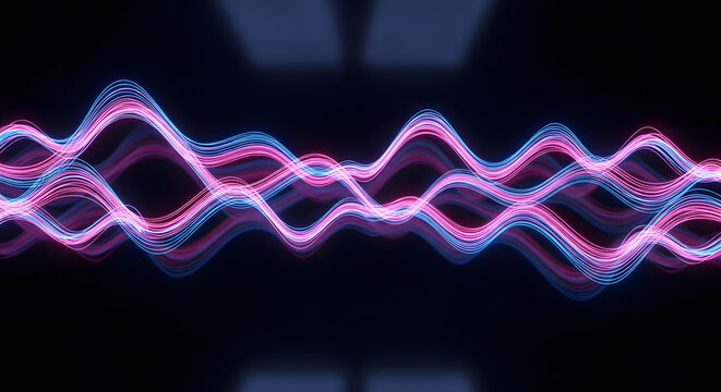 Abstract sound wave visualization with pink and blue neon lights creating a dynamic and mesmerizing digital audio spectrum pattern on a dark background - Powered by Adobe