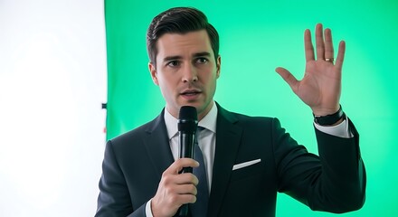 Confident Male Speaker Presenting with Hand Raised Against Green Screen.