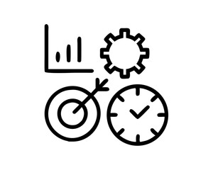 Icon set displaying business strategy, time management, and goal setting isolated on white