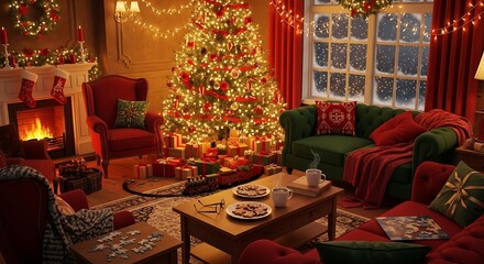 Cozy Christmas Living Room with Decorated Tree and Fireplace.