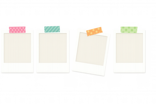 Four empty instant frames secured with decorative tapes, ready for content, creating a creative memory display on a transparent background