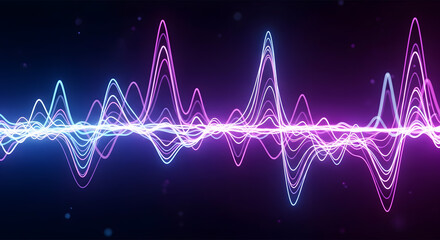 Dynamic abstract digital sound waves visualization, glowing vibrant neon blue and purple energy lines, representing audio frequency spectrum data, futuristic tech backdrop
