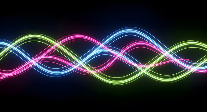Luminous intertwined neon waves of vibrant blue, pink, and green light create a dynamic and futuristic abstract concept of energy and data transmission