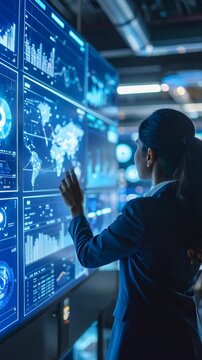 Woman analyzing data on a large display screen with world map, charts, and diagrams in control room or monitoring center
