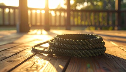 Jump rope coiled neatly on a wooden porch, morning light casting soft shadows, representing agility and high-energy exercise