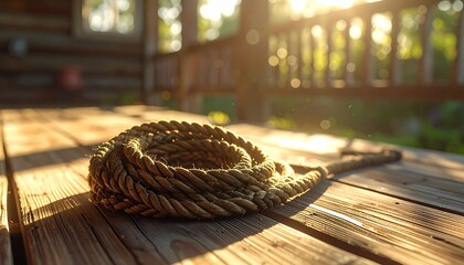 Jump rope coiled neatly on a wooden porch, morning light casting soft shadows, representing agility and high-energy exercise
