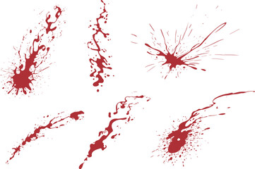 Realistic red splatter and spray stains isolated on white background, horror texture and dripping paint design for artwork