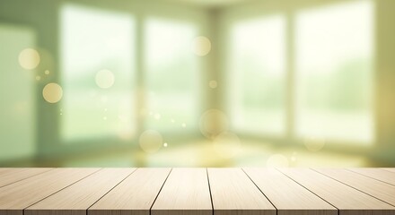 Empty wooden table with blurred bright room background, perfect for product display.