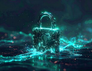 A glowing digital padlock is at the center, surrounded by bokeh effects and particles that swirl like data