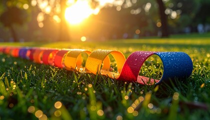 Vibrant resistance bands stretched across a grassy park at sunrise, dew on blades, symbolizing outdoor fitness and flexibility