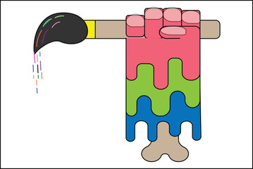 A hand holding a paintbrush with dripping paint, creating a colorful and artistic design