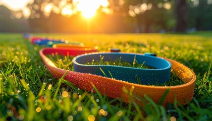 Vibrant resistance bands stretched across a grassy park at sunrise, dew on blades, symbolizing outdoor fitness and flexibility