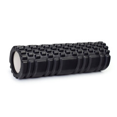 Black massage roller for sports training on a white background.