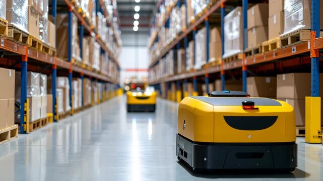 Yellow autonomous mobile robots navigate a modern warehouse aisle filled with shelves of packages.