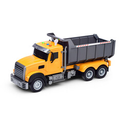 A plastic toy truck on a white background.
