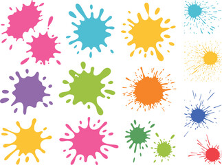 Colorful paint splashes collection on white background, vibrant ink drops and creative artistic stains design for abstract art illustration