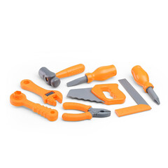 A toy set of construction tools on a white background.