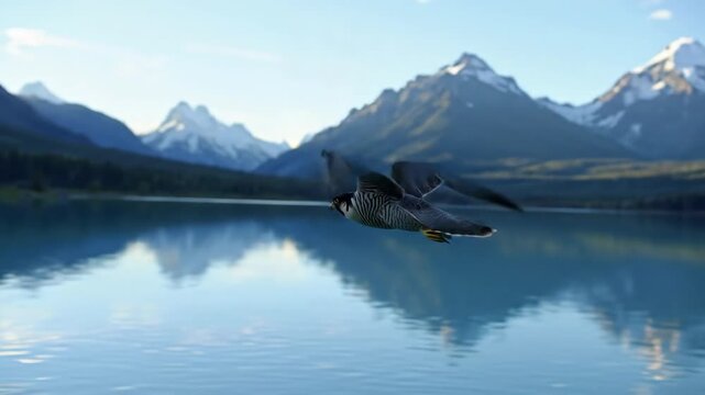 Falcon flying over tranquil lake with mountain backdrop. Wildlife, nature, and bird concept in scenic landscape.