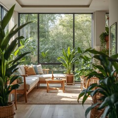 Fototapeta premium Sunlit living room filled with lush green houseplants and large windows overlooking trees