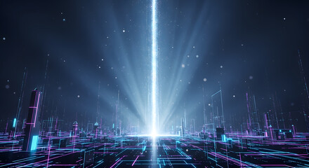Dynamic digital landscape with radiant light pillar, symbolizing global connectivity, data streams, and innovative technological advancements in a futuristic urban network