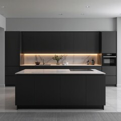 Modern dark gray kitchen island with sleek cabinetry and ambient lighting