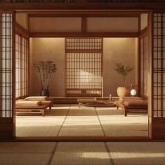 Traditional japanese room interior with tatami mats and shoji screens