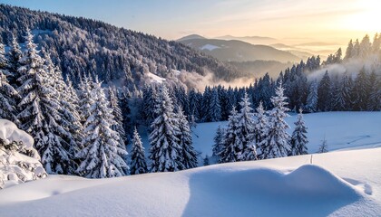 Obraz premium A stunning winter landscape bathed in golden light with snow-covered trees and distant mountains