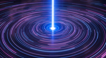 Abstract futuristic background with a swirling neon light vortex. A powerful energy beam emerges from a glowing central singularity, representing data flow