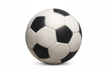 Classic black and white soccer ball showing textured surface for sports branding and competition, transparent background