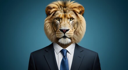 A surreal image of a lion's head on a person in a suit against a blue background