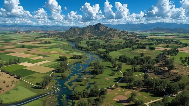 Lush green valley with river, patchwork fields, and a prominent mountain.
