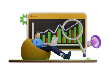 Man analyzing business growth chart on laptop while sitting on yellow beanbag with magnifying glass and megaphone nearby on transparent background