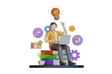 Man with Laptop and Glowing Light Bulb Conceptualizing Business Idea with Gears and Icons in 3D Render on Transparent Background