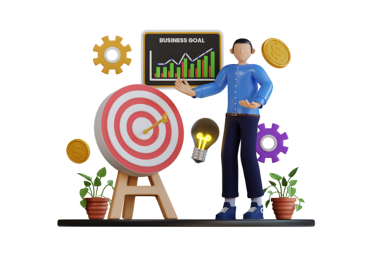 Man in Blue Shirt Explains Business Goal Strategy Near Dartboard and Growing Graph with Coins and Gears in a Studio Setting