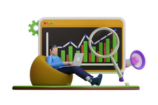 Man analyzing business growth chart on laptop while sitting on yellow beanbag with magnifying glass and megaphone nearby on transparent background